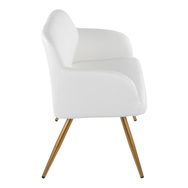 A white faux leather high back bench with armrests and gold steel legs.