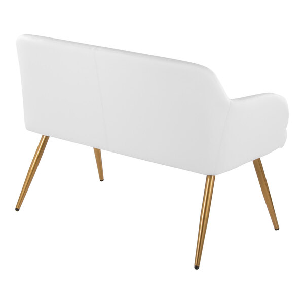 A white faux leather high back bench with armrests and gold steel legs.