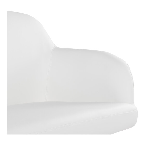 A white faux leather high back bench with armrests.