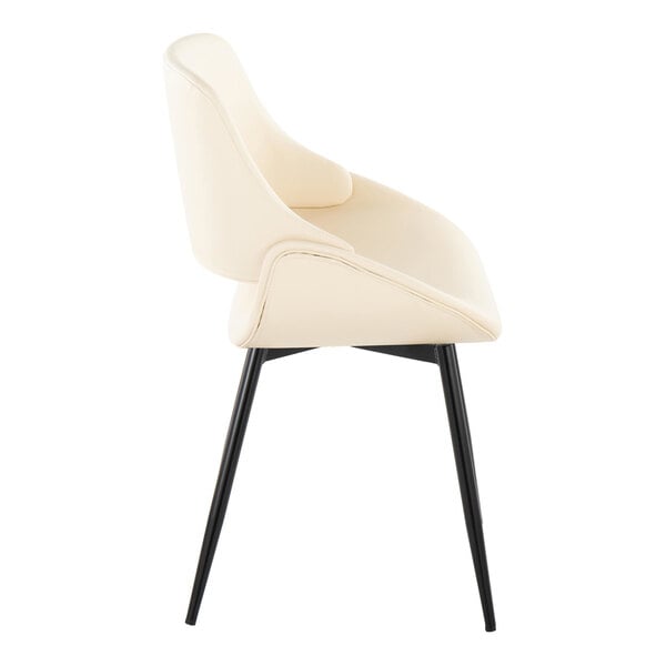 A cream faux leather open back chair with a black metal frame.