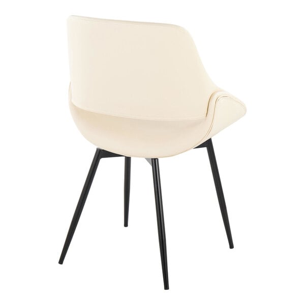 A cream faux leather chair with an open back and black metal legs.