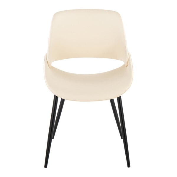 A cream faux leather chair with an open back and black metal legs.