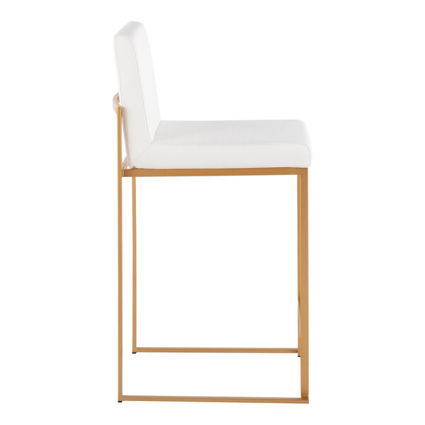 A modern counter height stool with a gold steel frame and a white faux leather seat and back.