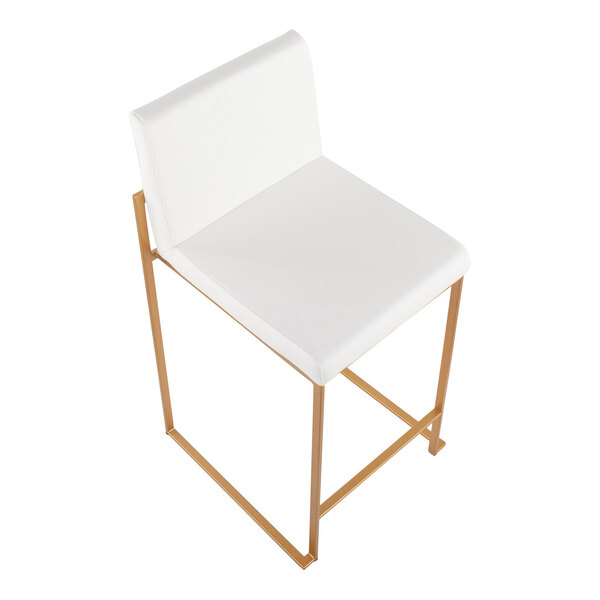A counter height stool with a gold steel frame and a white faux leather seat and back.