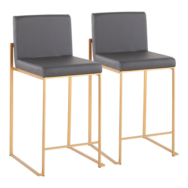 A pair of counter height stools with gold steel frames and gray faux leather seats and backs.