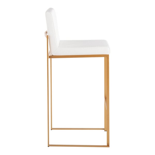 A modern barstool with a gold steel frame and a white faux leather seat and back.