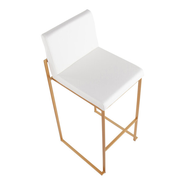 A modern barstool with a gold steel frame and a white faux leather seat and back.
