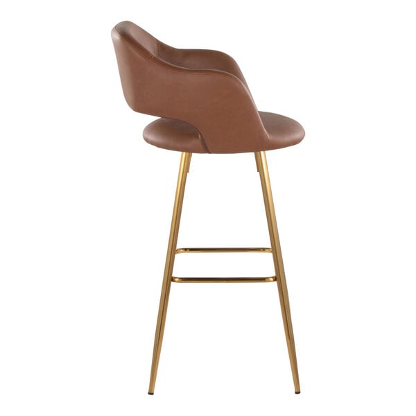 A gold metal barstool with a brown faux leather bucket seat and armrests.