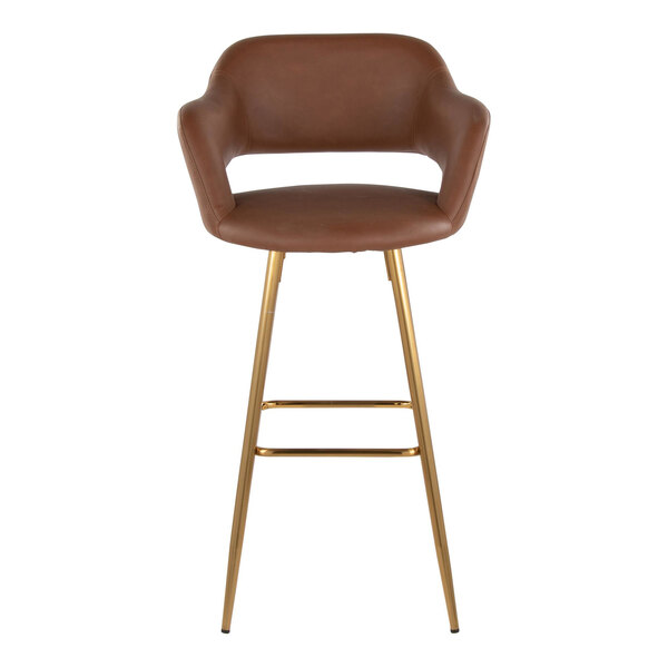 A brown faux leather barstool with a bucket seat, armrests, and gold metal legs.