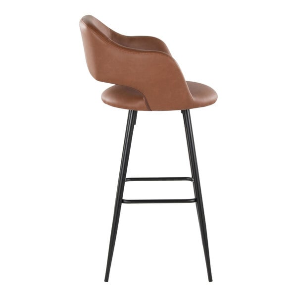 A brown faux leather barstool with a bucket seat, armrests, and black metal legs.