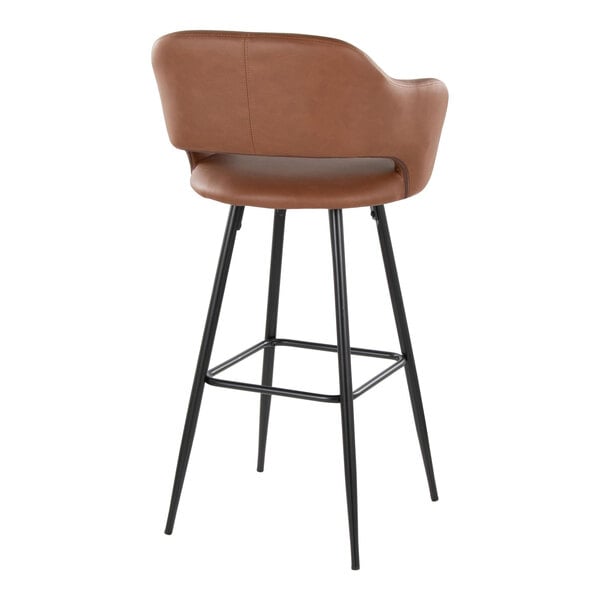 A brown faux leather barstool with a bucket seat, armrests, and black metal legs.