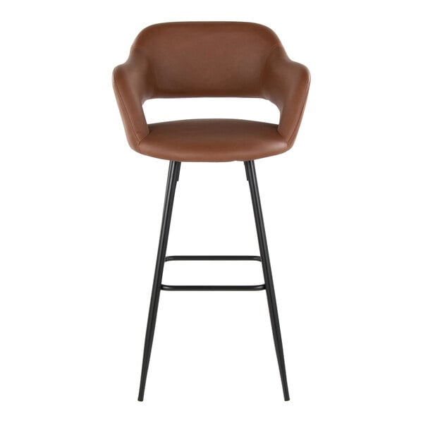 A brown faux leather barstool with a bucket seat, armrests, and black metal legs.