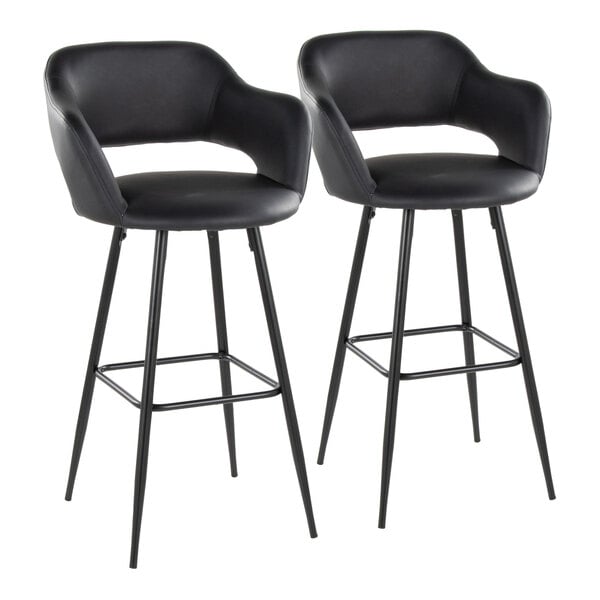 A pair of black metal barstools with black faux leather bucket seats and armrests.