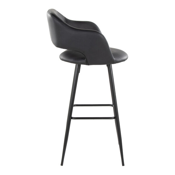 A black metal barstool with a black faux leather bucket seat and armrests.