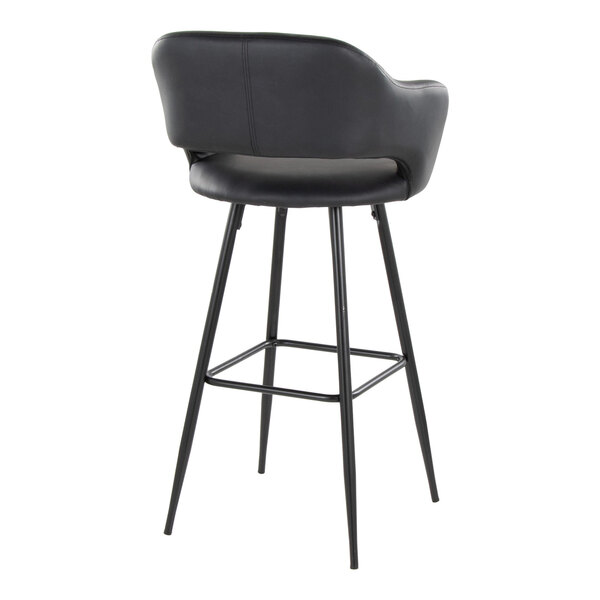 A black metal barstool with a black faux leather bucket seat and armrests.