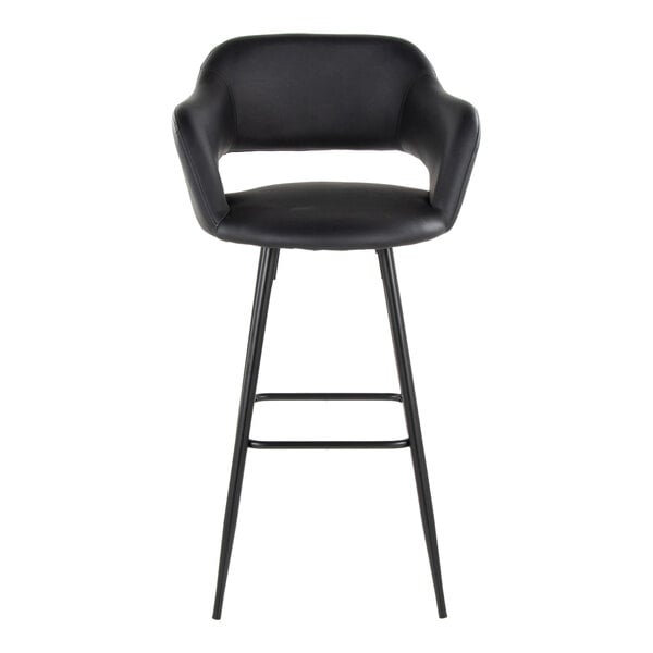 A black metal barstool with a black faux leather bucket seat and armrests.