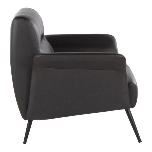 A modern accent chair with espresso faux leather upholstery and black metal legs.