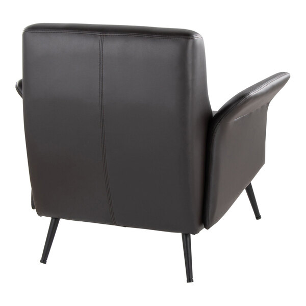 A dark brown faux leather accent chair with a black metal frame and angled legs.