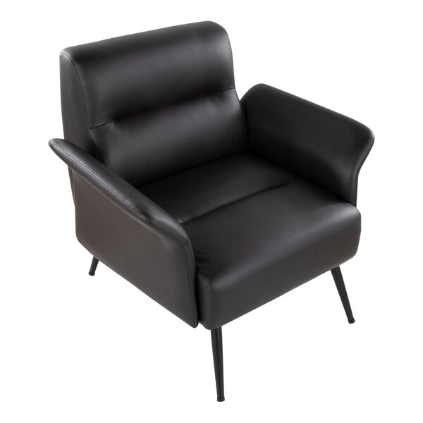 A modern accent chair with espresso faux leather upholstery and a black metal frame.