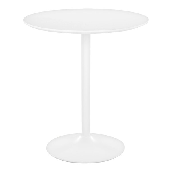 A round white adjustable-height table with a white metal base.