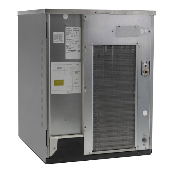 A commercial air-cooled ice machine unit with a metal exterior and visible vent panel.