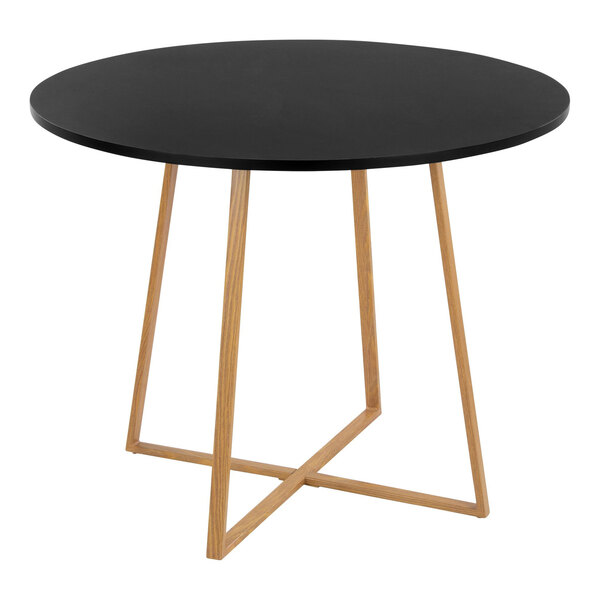 A round black dining table with a natural wood grain base.