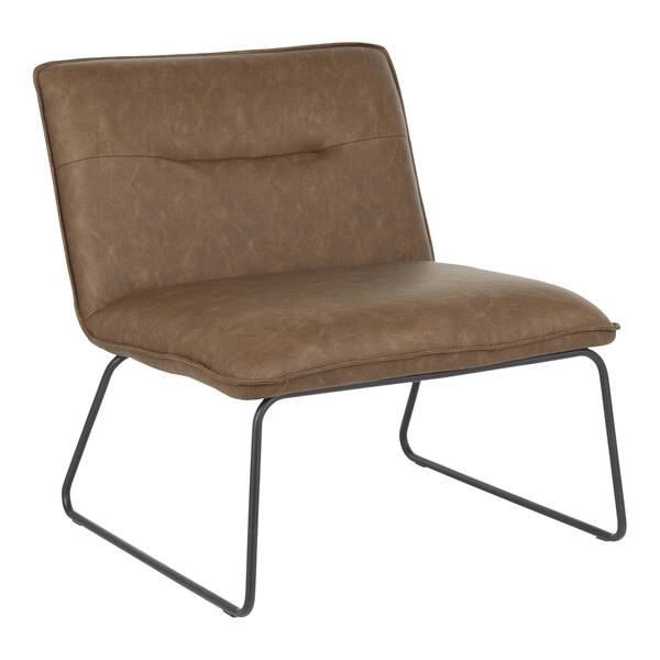 A brown faux leather accent chair with a black steel frame.