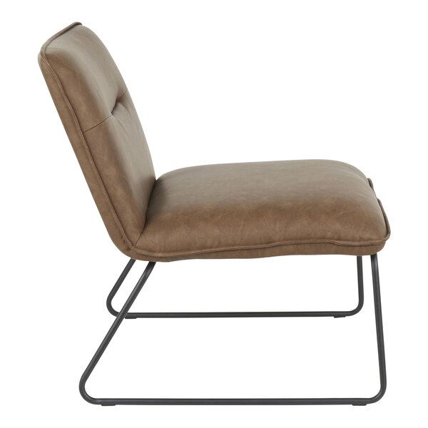A brown faux leather accent chair with a cushioned seat and backrest, supported by a black steel frame.