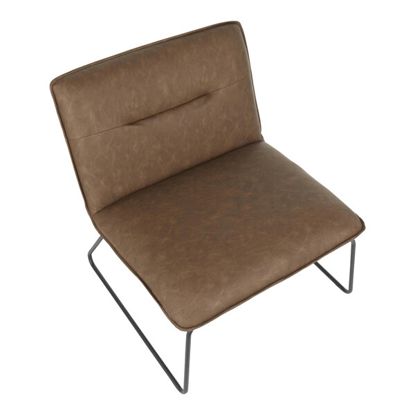 A brown faux leather accent chair with a black steel frame.
