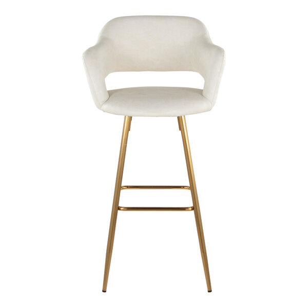 A barstool with a cream faux leather bucket seat, armrests, and gold metal legs.
