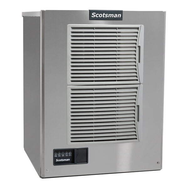 A stainless steel Scotsman air-cooled small cube ice machine with front vents and control panel.