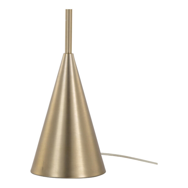 A gold metal floor lamp with a conical base and a cord extending from the bottom.