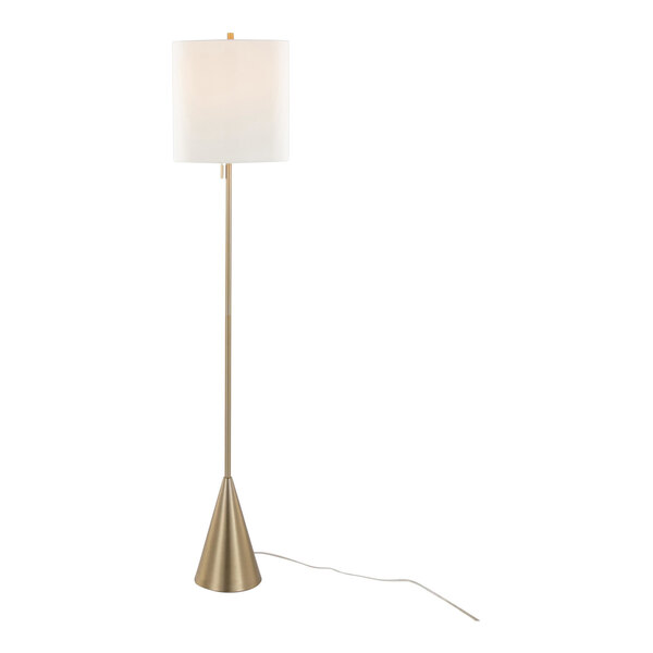 A gold metal floor lamp with a conical base and a white linen drum shade.