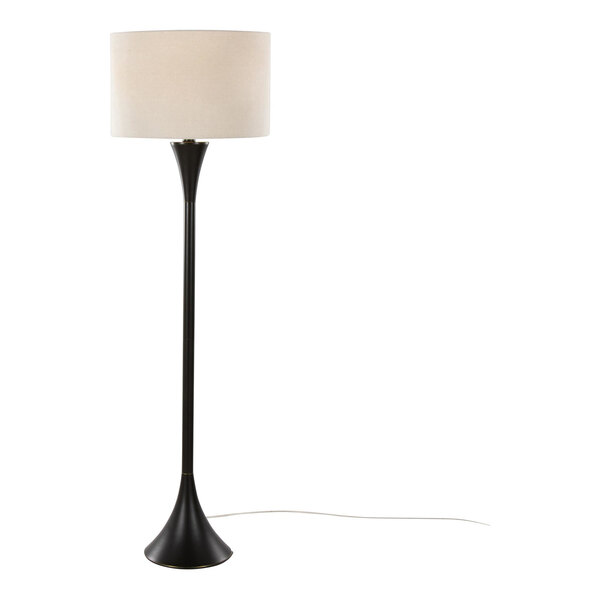 A tall floor lamp with an oil rubbed bronze metal base and a white linen drum shade.