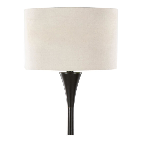 A floor lamp with an oil rubbed bronze metal base and a white linen drum shade.