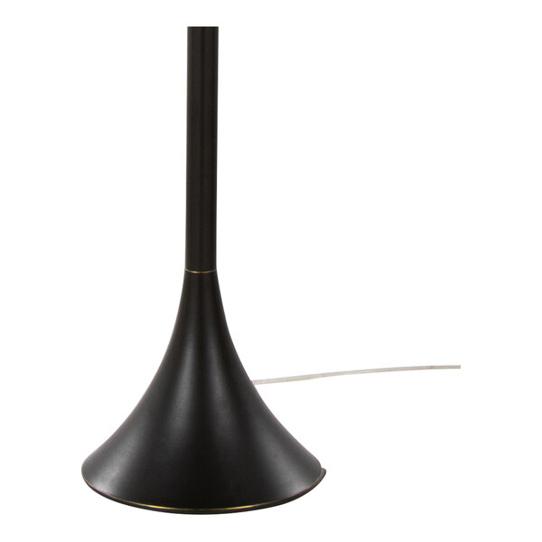 A black metal floor lamp base with a flared, trumpet-shaped design and an attached power cord.