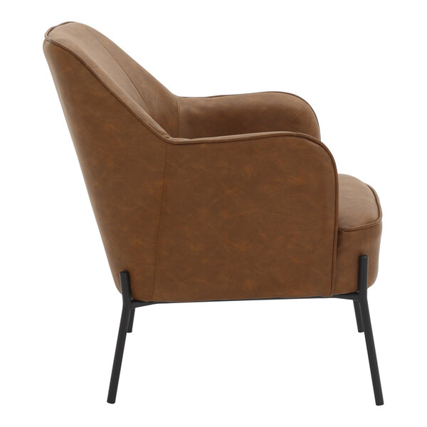 A brown faux leather accent chair with a black metal frame.