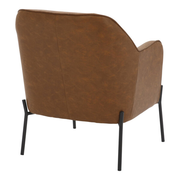 A brown faux leather accent chair with a black metal frame.