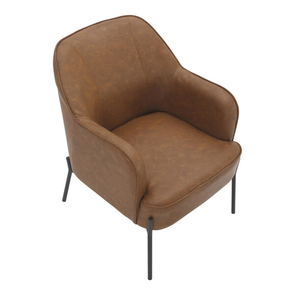 A brown faux leather accent chair with a black metal frame.