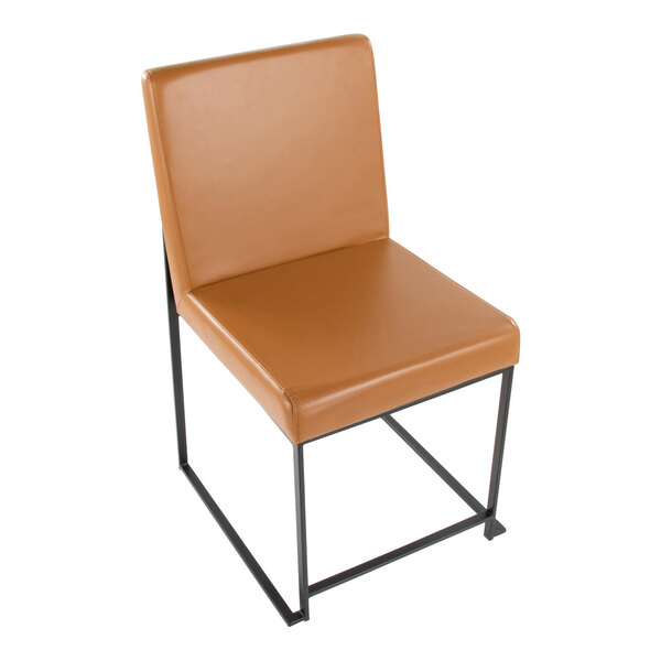 A high back side chair with camel faux leather upholstery and a black metal frame.