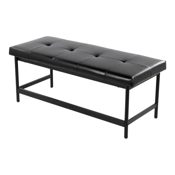 A black faux leather bench with a tufted cushion and a black metal frame.