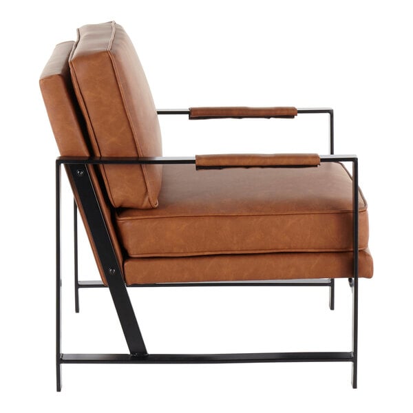 A camel faux leather accent chair with a black steel frame and padded armrests.
