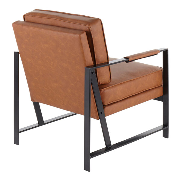A camel-colored faux leather accent chair with a black steel frame and armrests.