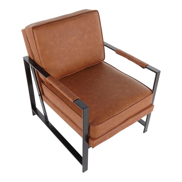 A camel-colored faux leather accent chair with a black steel frame and padded armrests.