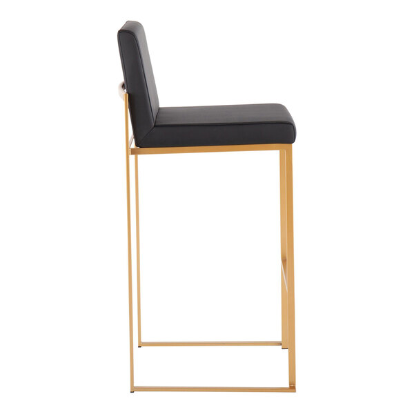 A modern barstool with a gold steel frame and a black faux leather seat and backrest.