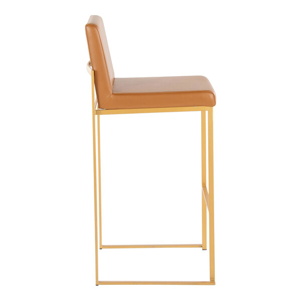 A high back barstool with a gold metal frame and camel faux leather seat and back.