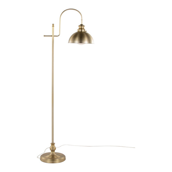 A gold metal floor lamp with a dome-shaped shade and a curved arm design.