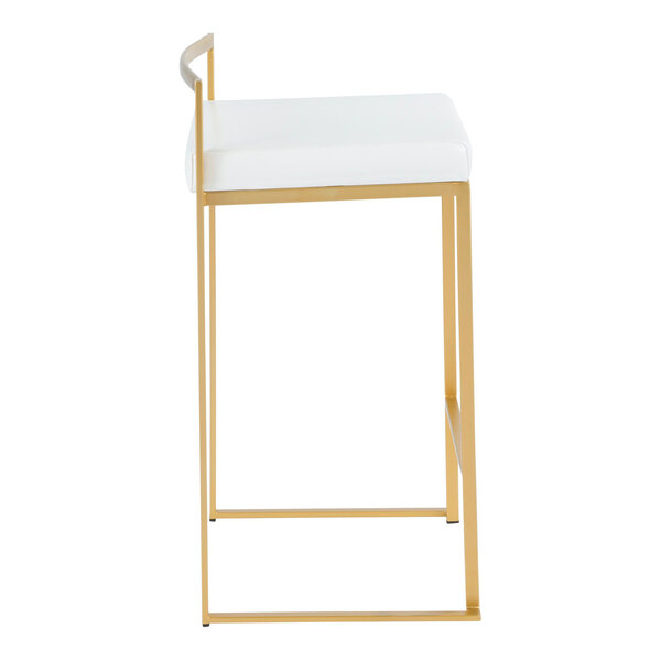 A modern counter height stool with a gold steel frame and a white faux leather seat.