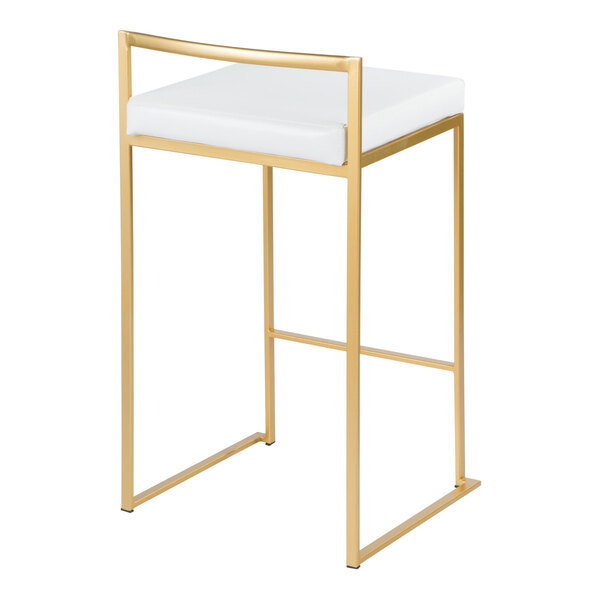 A gold steel counter height stool with a low back and a white faux leather seat.
