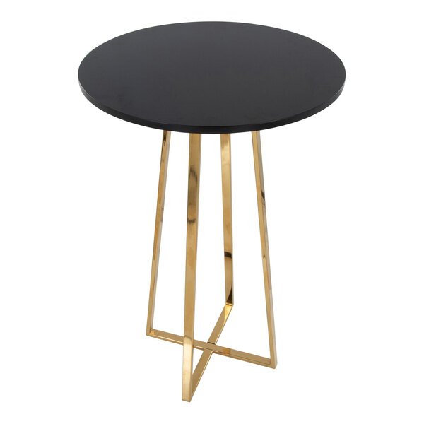 A round black bar height table with a gold metal base.